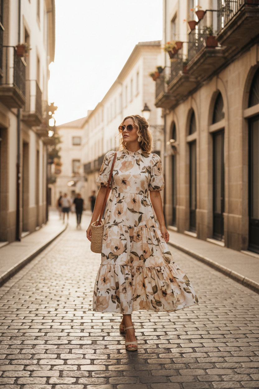 Mujer en calle empedrada europea