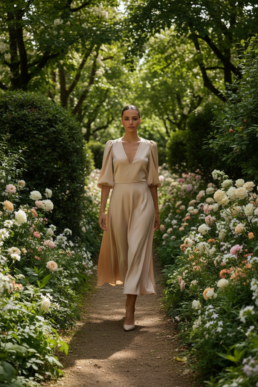 Modelo vestido jardín flores naturaleza