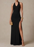 Carla - Vestido largo de mujer con escote halter y espalda descubierta, con abertura alta en el muslo.
