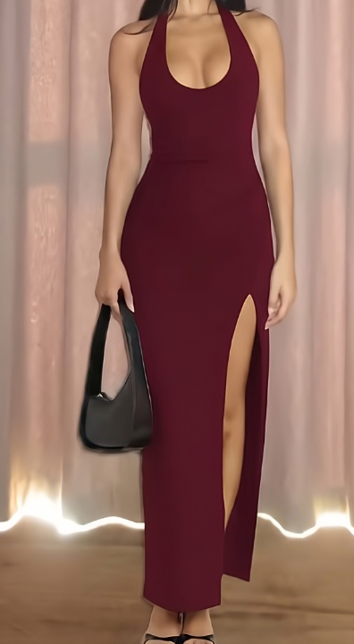 Carla - Vestido largo de mujer con escote halter y espalda descubierta, con abertura alta en el muslo.
