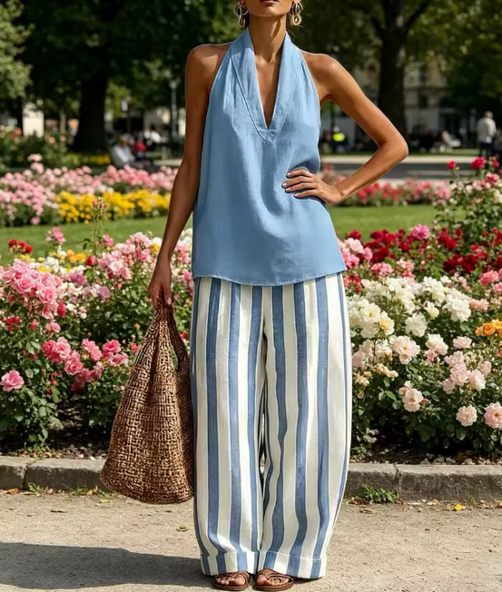 Conjunto de top sin mangas y pantalon a rayas