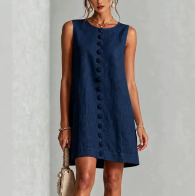 Minivestido azul marino sin mangas con botones y estampado floral