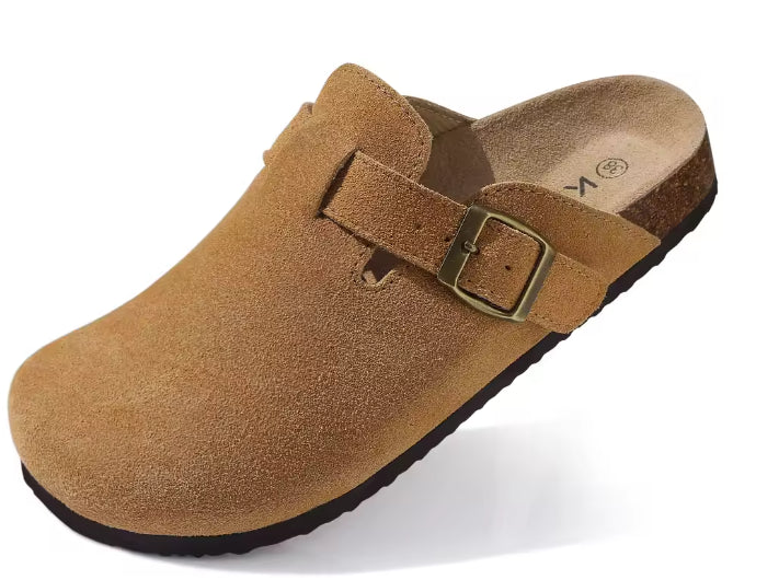 Zuecos unisex de ante con hebilla y suela de corcho