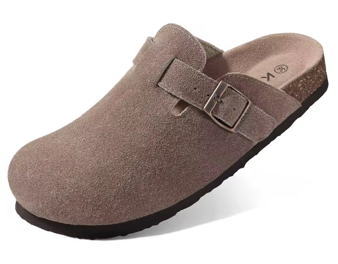 Zuecos unisex de ante con hebilla y suela de corcho