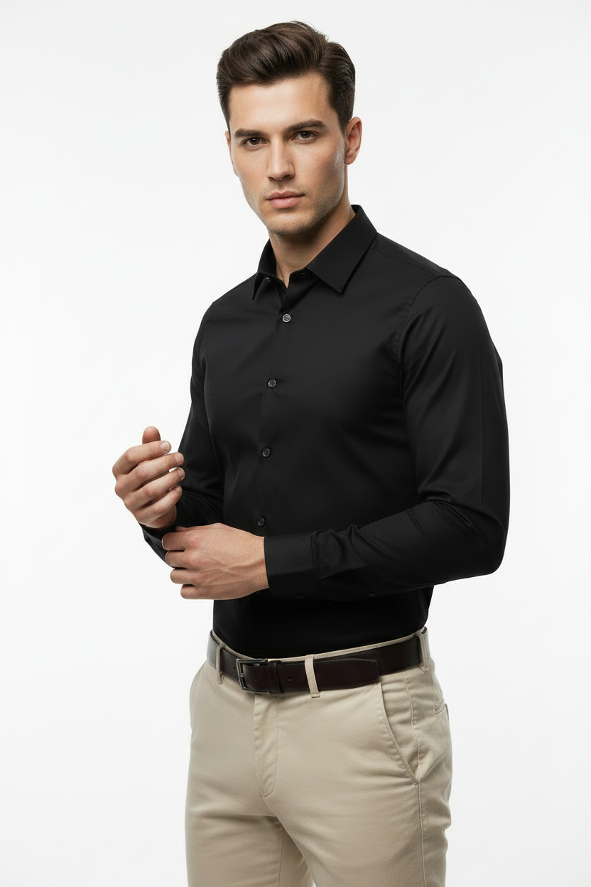 Modelo tupé camisa negra ajustando puño