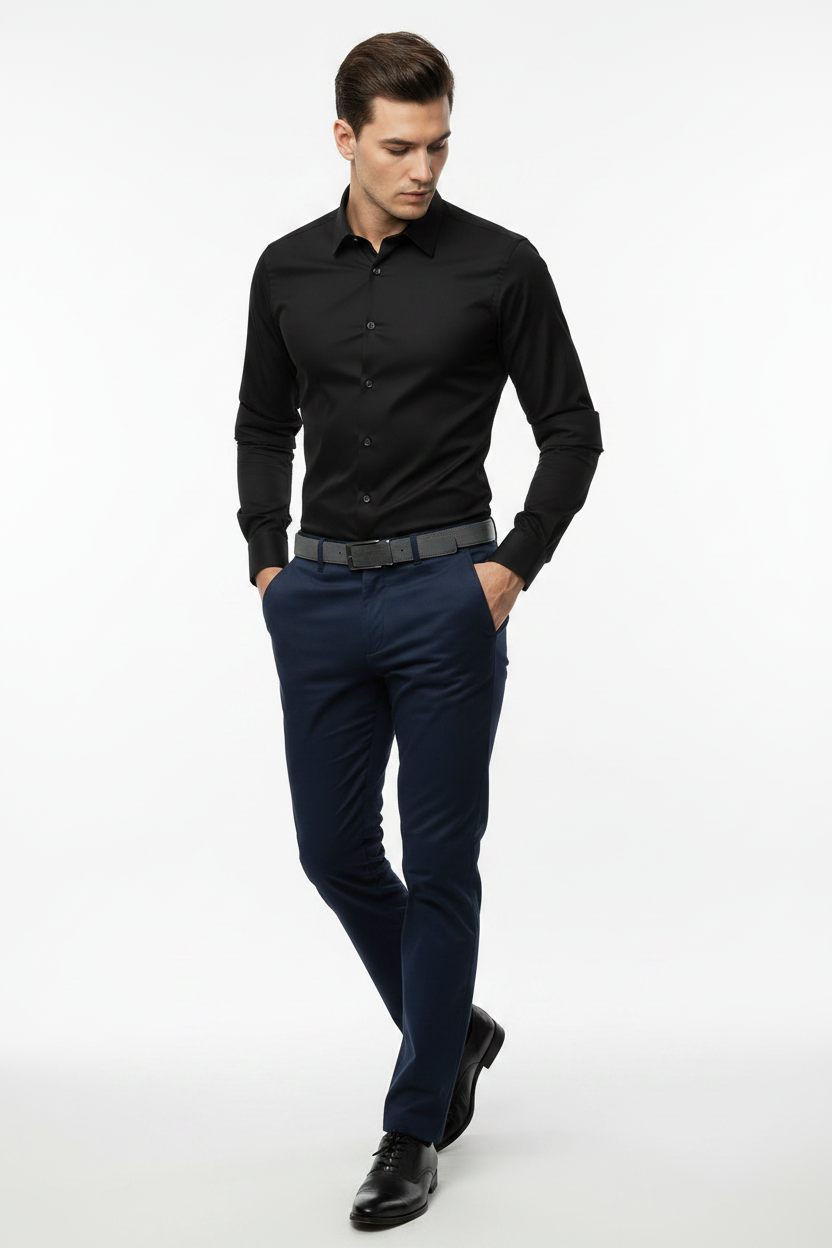 Modelo tupé camisa negra caminando