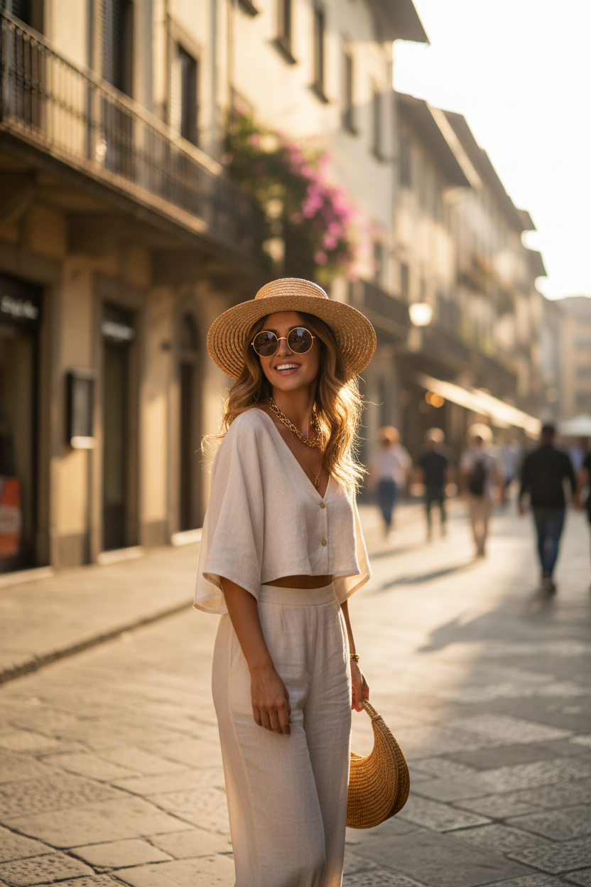 Mujer sonriente en calle europea