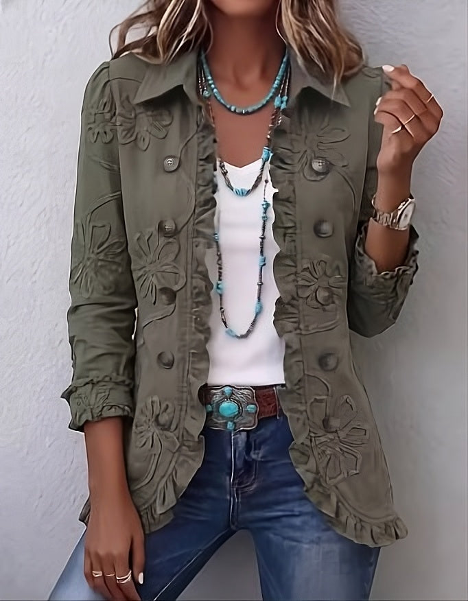 Chaqueta Boho-Chic con Bordado Floral y Volantes