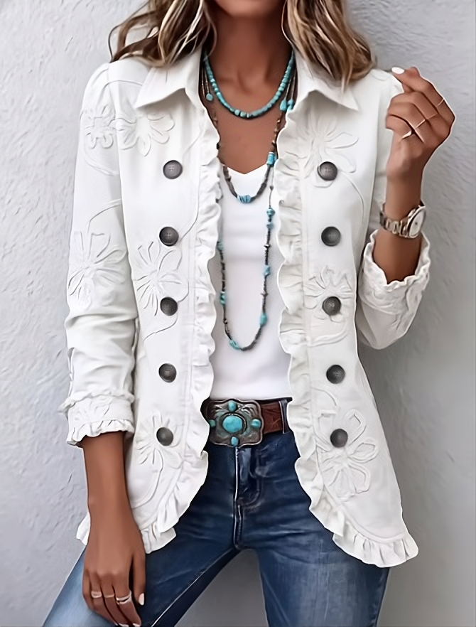 Chaqueta Boho-Chic con Bordado Floral y Volantes
